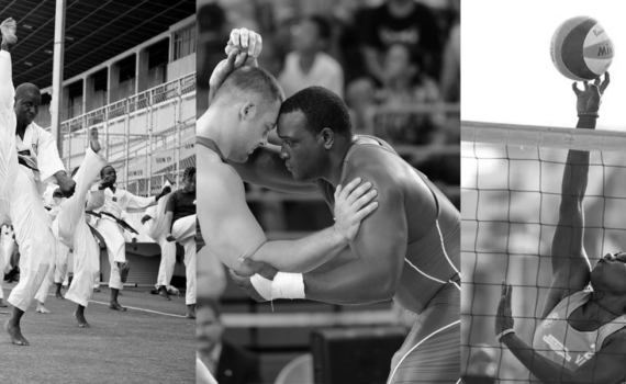 Liberian sports: Martial artists, wrestlers, and volleyball player in photo.