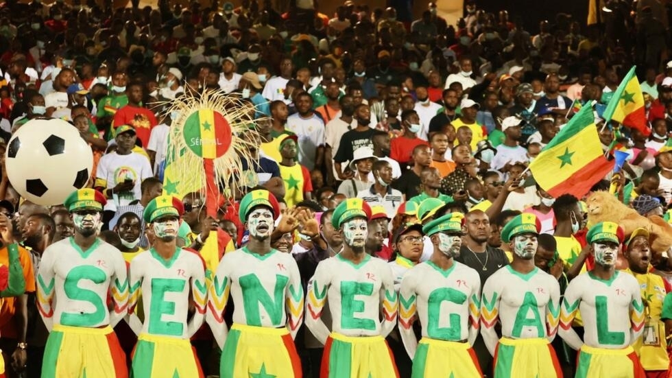 Seven fans spell out "Senegal" and are painted with team colors for AFCON 2022.