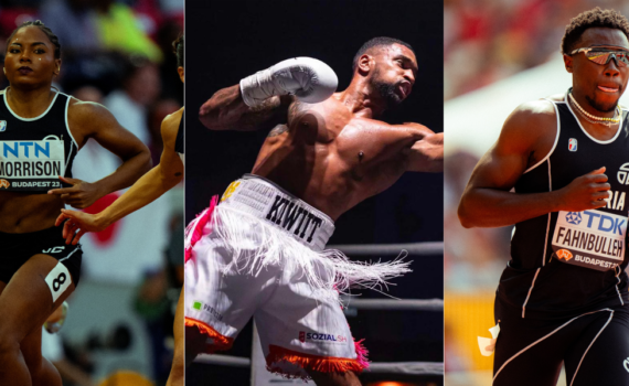 Team Liberia members competing at 13th African Games. Eboni Morrison, Freddy Kiwitt, and Joseph Fahnbulleh.