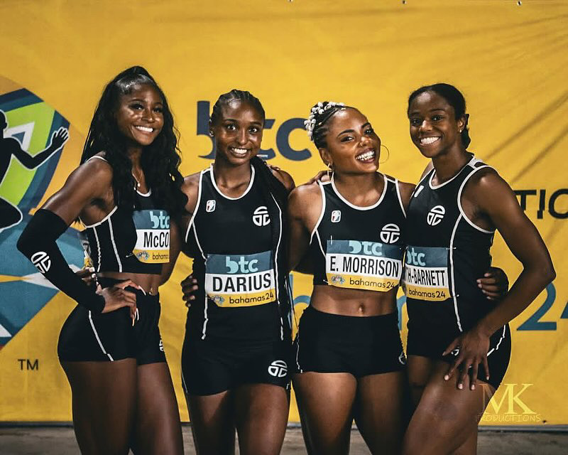 Liberia women's 4x100 team posing at 2024 World Relays.