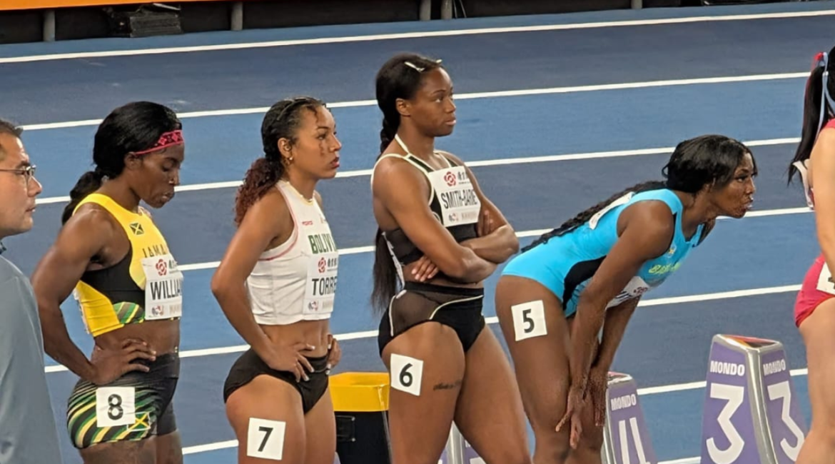 Destiny Barnett-Smith at 2025 World Indoor Championships starting line. Round one.