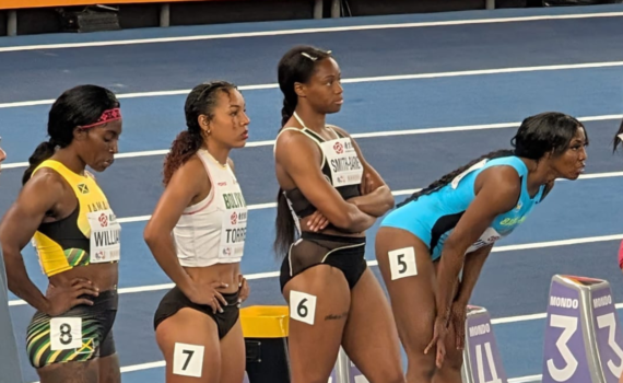 Destiny Barnett-Smith at 2025 World Indoor Championships starting line. Round one.