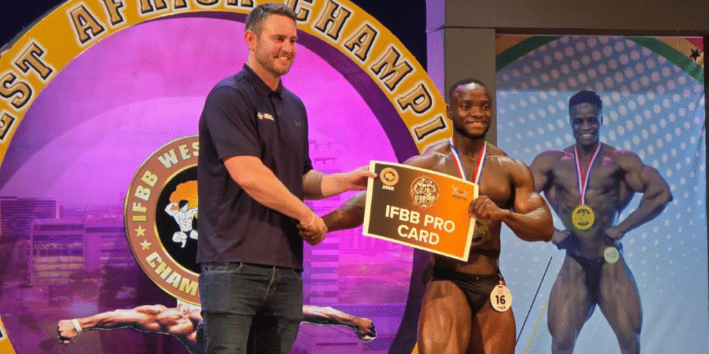 Alonso Harmon at the 2026 International Fitness and Bodybuilding Federation West African Championship getting Pro Card.