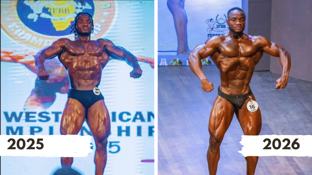 Liberian Bodybuilder Alonso Harmon at IFBB in 2025 versus 2026.